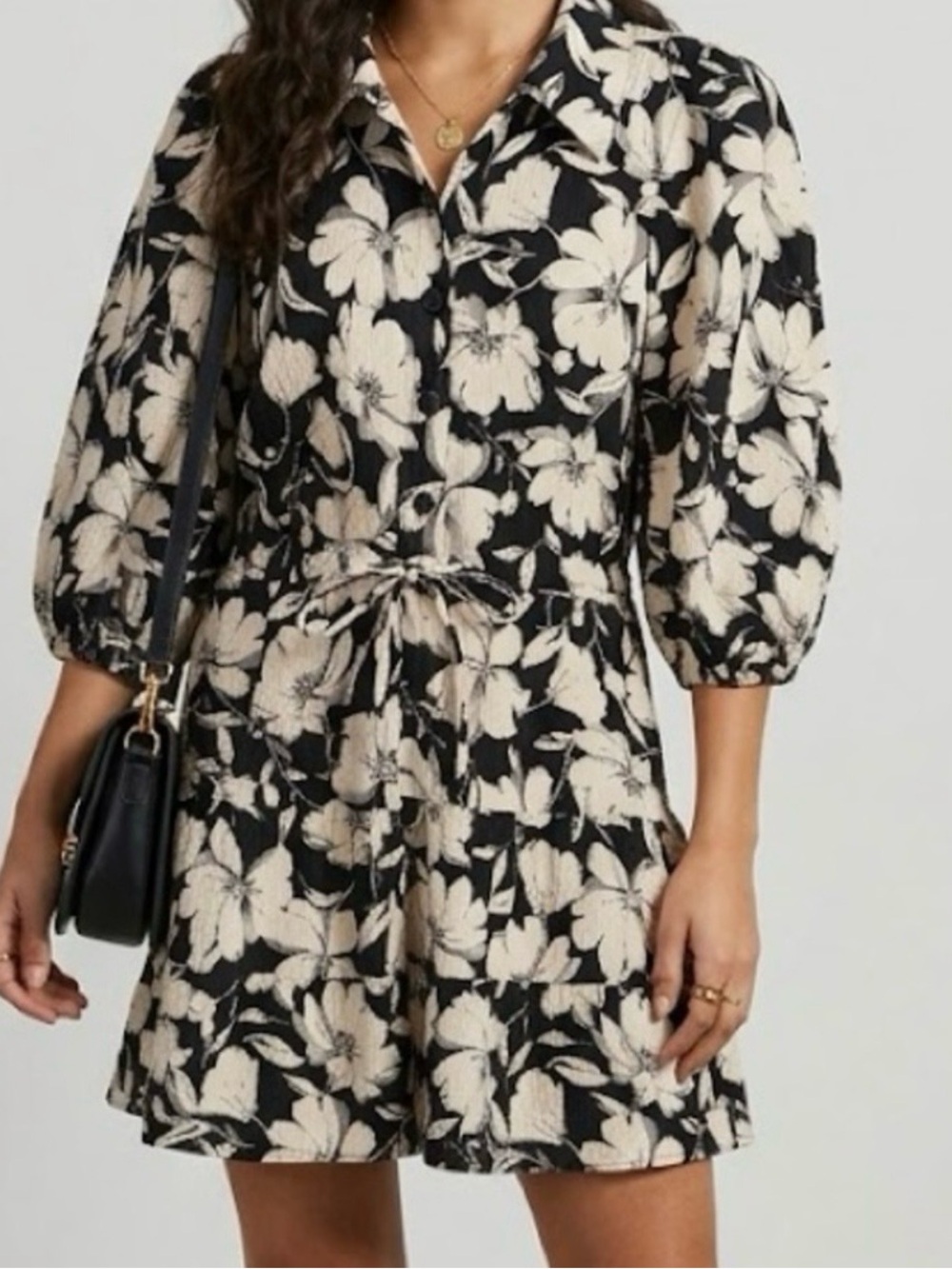 Zara Black Mini Dress with Cream Floral Print